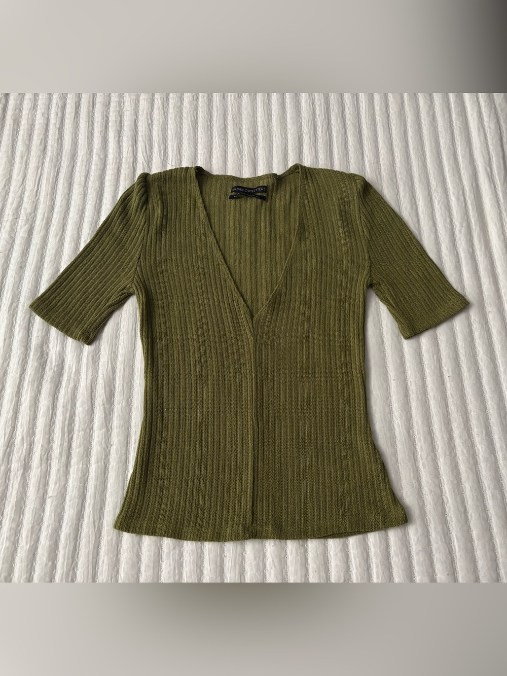 Urban Outfitters Olive Ribbed V-Neck Short Sleeve Top